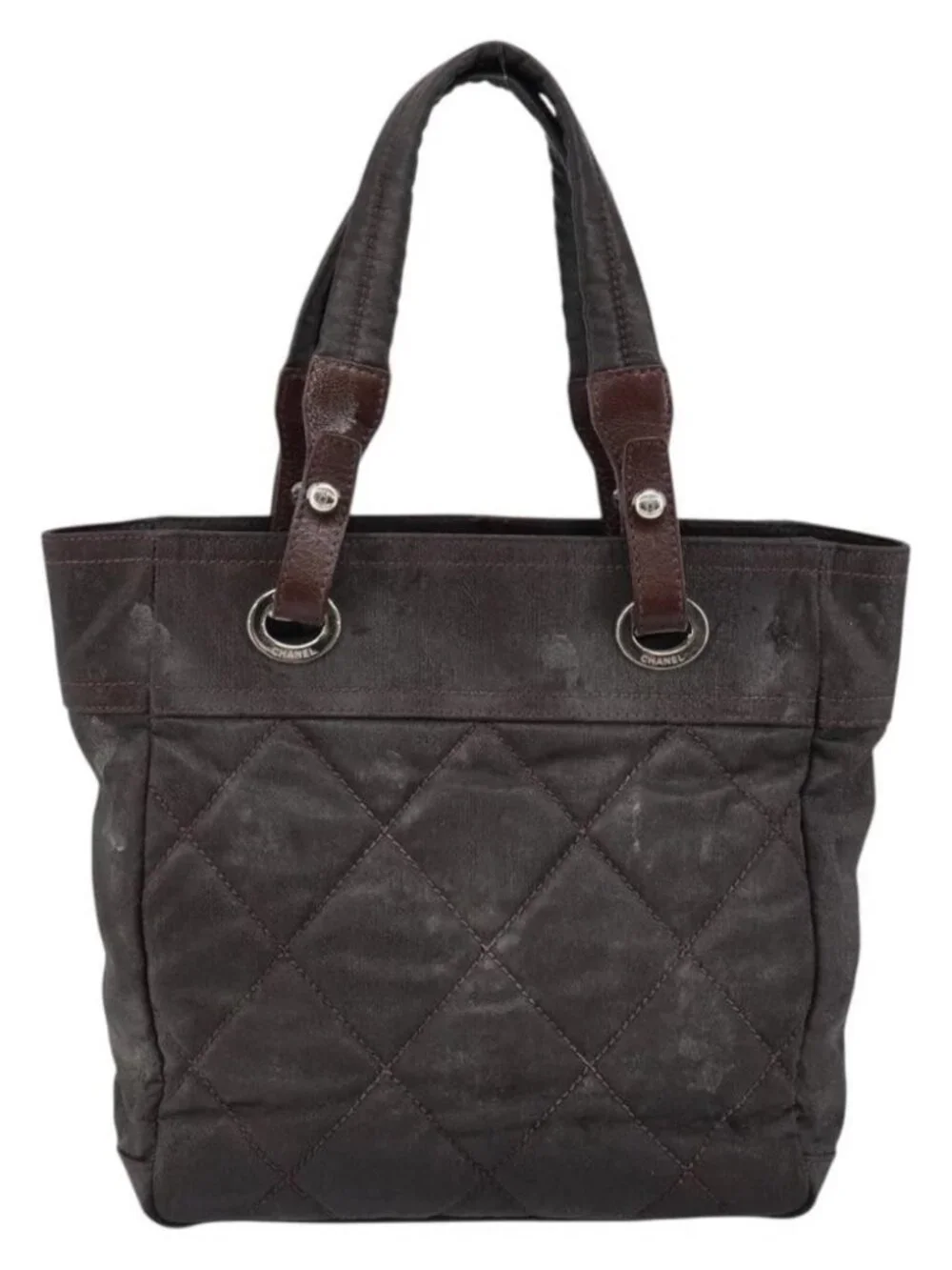 CHANEL Paris Biarritz Tote Bag Coated Canvas Dark Brown Silver CC Auth bs29897